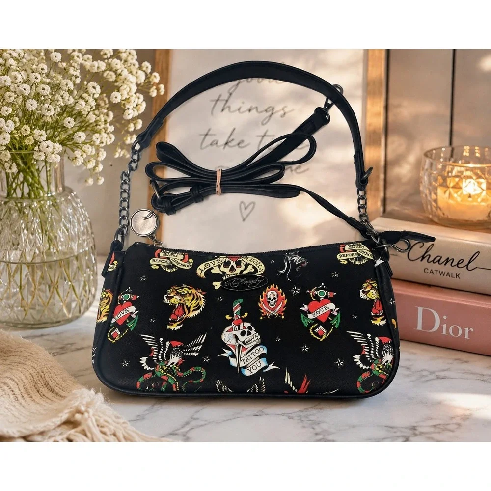 Ed Hardy Black Shoulder Crossbody Bag with Charms Love Kills Slowly Skull Tattoo